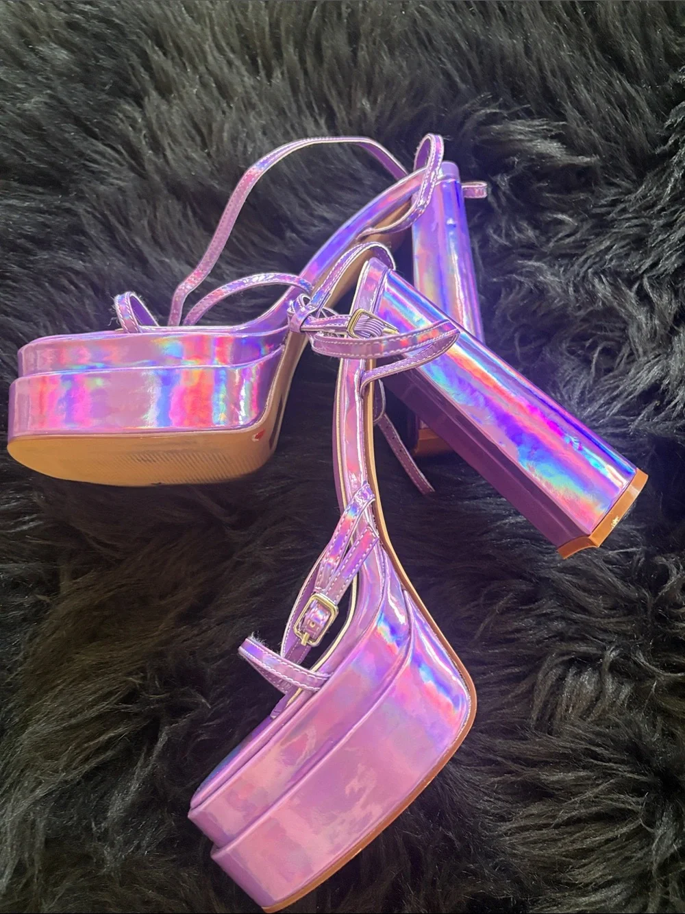 Holographic purple Platform Block Heel Sandals with Ankle Strap